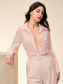 Anewsta 奢华优雅透明长袖衬衫，镶有水钻纽扣设计，商务休闲外观 - 粉色 - 查看 4