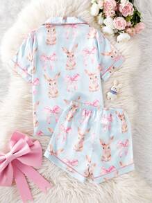 Set Piyama Celana Pendek Sutra Imitasi Motif Pita & Kelinci untuk Anak Perempuan, Pakaian Rumah yang Nyaman - Baby Blue - View 2