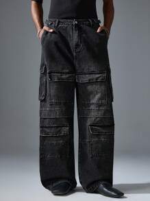 NEON BLANC Loose Fit Long Washed Denim Jeans With 3D Pockets For Men, Street Fashion Style - Black - View 2