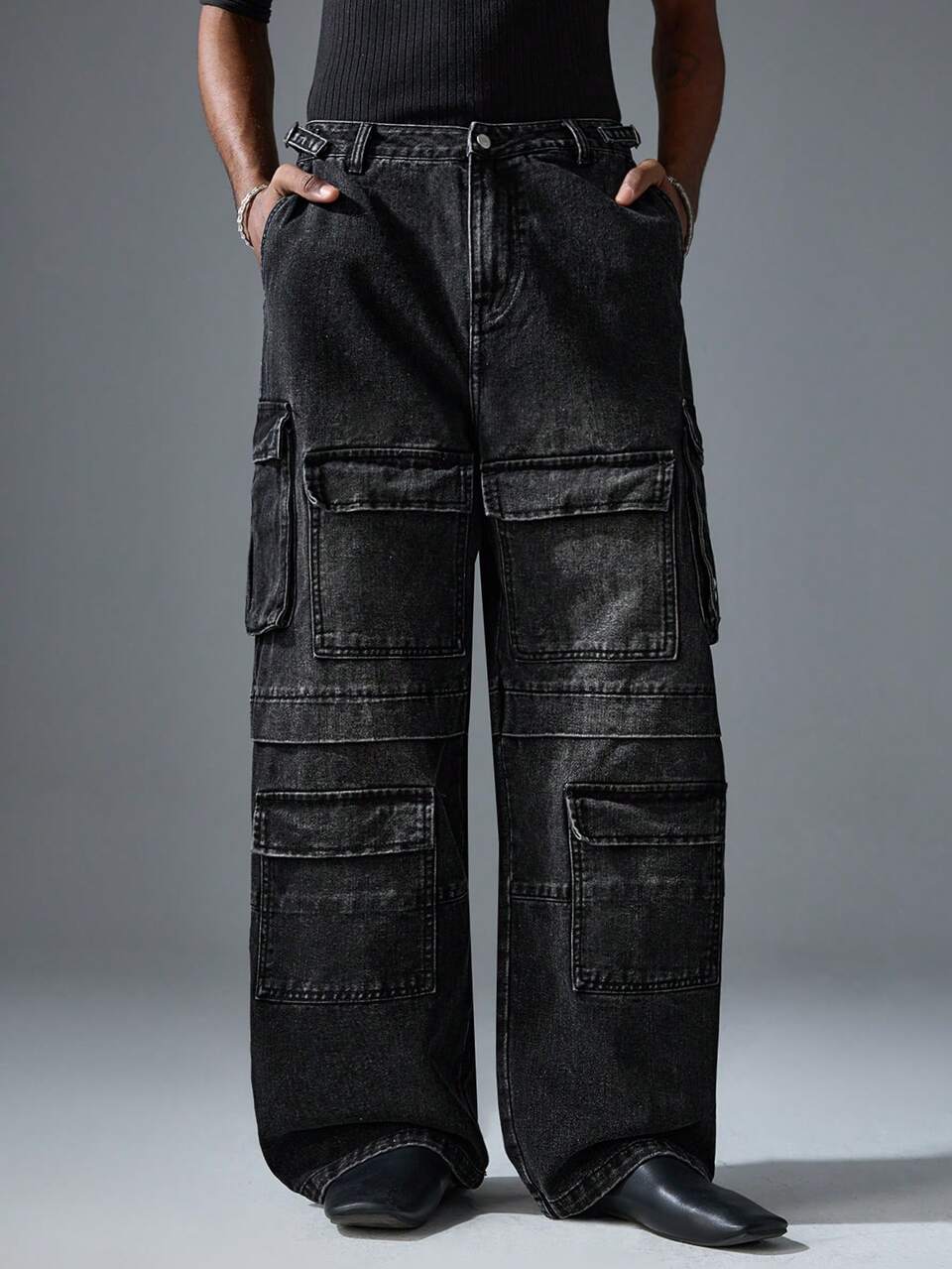 Loose Fit Long Washed Denim Jeans With 3D Pockets For Men, Street Fashion Style