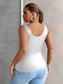 Slaydiva Plus Size Casual All-Match Black Faux Leather Cami Top With Deep U-Neck And Racerback - Silver - View 2