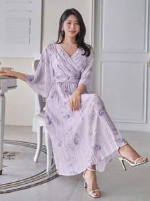 DAZY Women's V-Neck Floral Print 3/4 Sleeve Pleated Hem Elegant Dress, Fall Clothes Dress - Mauve Purple - View 5
