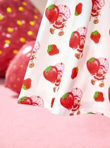 Strawberry Shortcake X SHEIN 年轻女孩休闲可爱草莓印花蝴蝶结装饰连衣裙，适合春夏季和户外野餐派对 - 紅白色 - 查看 4