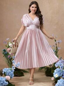 SHEIN Unity New Elegant Ruched Fitted Long Vacation Style Satin Solid Color Heavy Ruched V-Neck Gathered Waist Pleated Dress Women Formal Party Gown - Champagne - View 1