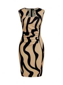 Ellevyn Women Asymmetrical Neck Waist Ruched Pencil Dress, Body-Sculpting, Sleeveless, Ripple Strip Khaki & Black Short A-Line Dress Business Casual Woman - Multicolor - View 9