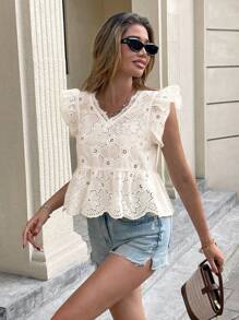 Serisse Women's Solid Color Hollow Embroidery V-Neck Ruffle Casual Blouse Top Summer Vacation