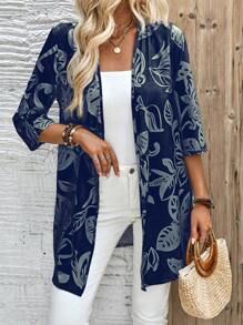 EMERY ROSE Áo khoác Boho tay 3/4 in họa tiết xanh đầu xuân cỡ lớn cho nữ - Màu xanh hải quân - Xem 1