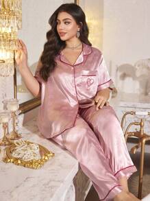 SHEIN MuseNap CURVE Plus Size Silk-Like Brocade Heart Pattern Front Open Pajama Set - Pink - View 4