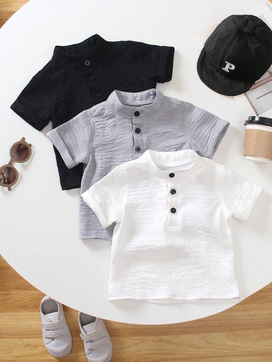 SHEIN 3pcs/Set Baby Boy Casual Tops Clothes Set, Includes Solid Color Button-Up Collar Shirts In Black, White, And Grey, Soft & Comfortable Short Sleeve Top, Suitable For Daily Wear, Travel, Spring Or Summer - White - View 1