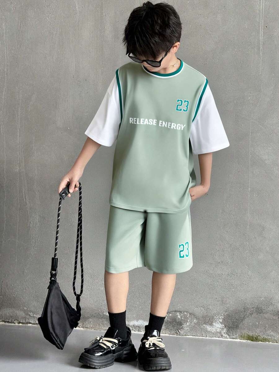 SHEIN 2pcs/Set Teen Boys' Casual 2 In 1 Sleeveless Tee And Shorts Set, Street Punk Rock Academy Daily Outings Party Music Festival, Suitable For Spring/Summer, Mint Green Numeral Graphic Print