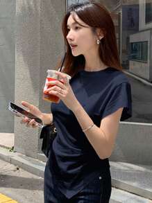 DAZY Women's Form-Fitting Asymmetric Hem Cinched-Waist T-Shirt Summer - Navy Blue - View 2