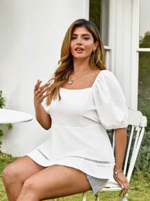 KURAYIA Plus Size Women Lace Patchwork Lantern Sleeve Blouse