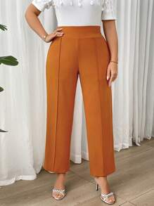 SHEIN Privé Plus Size Women Elegant Commuter Simple White Straight-Leg Pants - Rust Brown - View 4