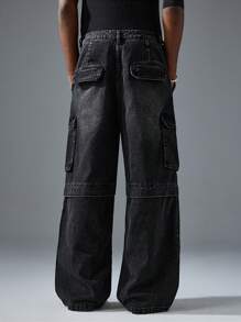 NEON BLANC Loose Fit Long Washed Denim Jeans With 3D Pockets For Men, Street Fashion Style - Black - View 4