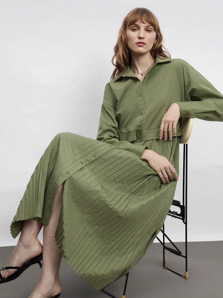 SHEIN Maija Green Long Sleeve Pleated Hem Casual Shirt Dress For Women, Fashionable Minimalist Style Suitable For Beach Vacation And Everyday Wear, Summer