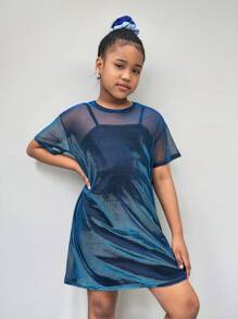 Tween Girls Buy One Get One Free, Fashion Street Colorful Sheer See-Through Mesh Dress With Built-In Black Suspender Dress, Back To School, Sweet And Cool Girl, Y2K