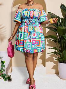 Slaydiva Plus Size Women Geometric Print Off Shoulder Puff Sleeve Dress - Multicolor - View 7