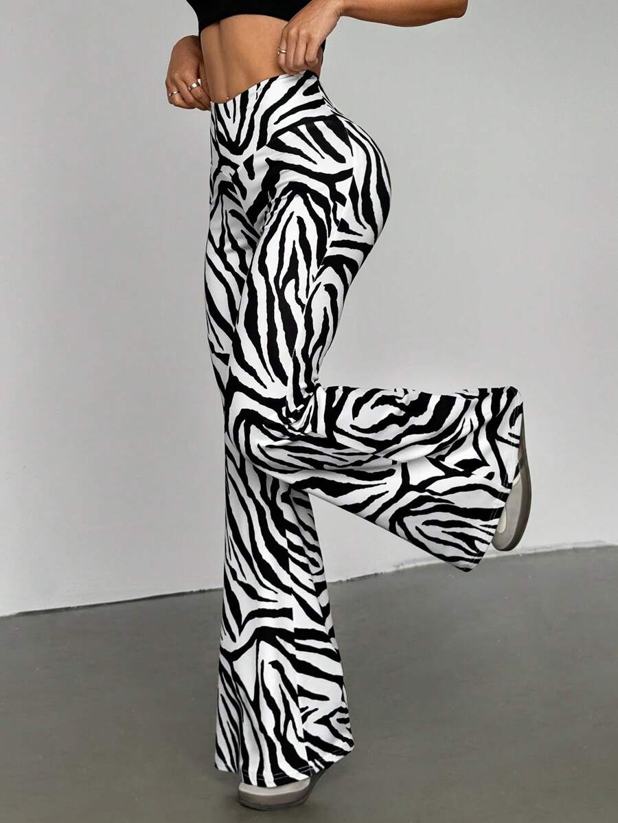 SHEIN Unity Women's Zebra Print V-Waist Flare Pants Fall Cloth For Women - Black and White - View 1