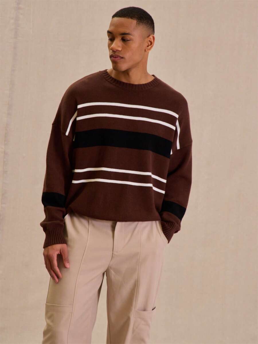 Musero Jersey de punto con hombros caídos y rayas de contraste para hombres