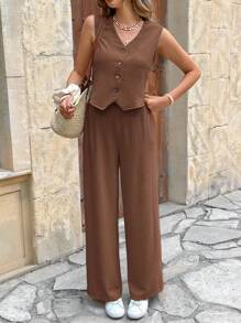 SHEIN Frenchy Bộ 2 món đồ cho nữ, áo vest một hàng khuy và quần dài màu trơn, trang phục đi nghỉ - Cà phê nâu - Xem 6