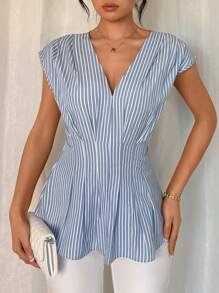 SHEIN Unity Women's Striped Pleated Hem V-Neck Casual Elegant Fashion Blouse - Blue - View 1