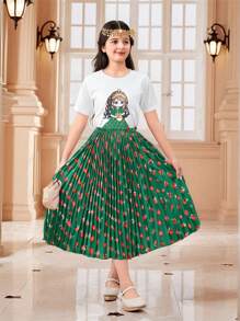 青少年女孩节日印花短袖上衣和玫瑰褶印花裙，两件套节日套装