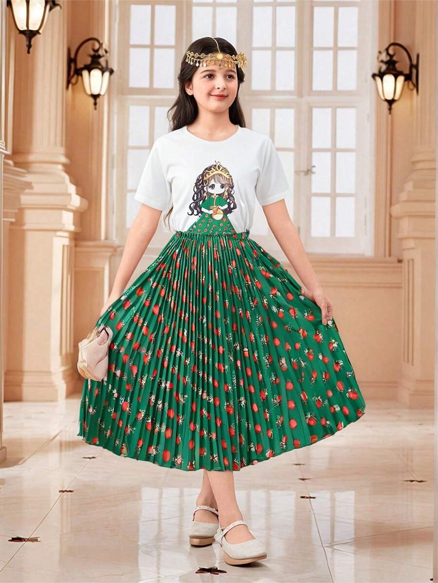 青少年女孩节日印花短袖上衣和玫瑰褶印花裙，两件套节日套装
