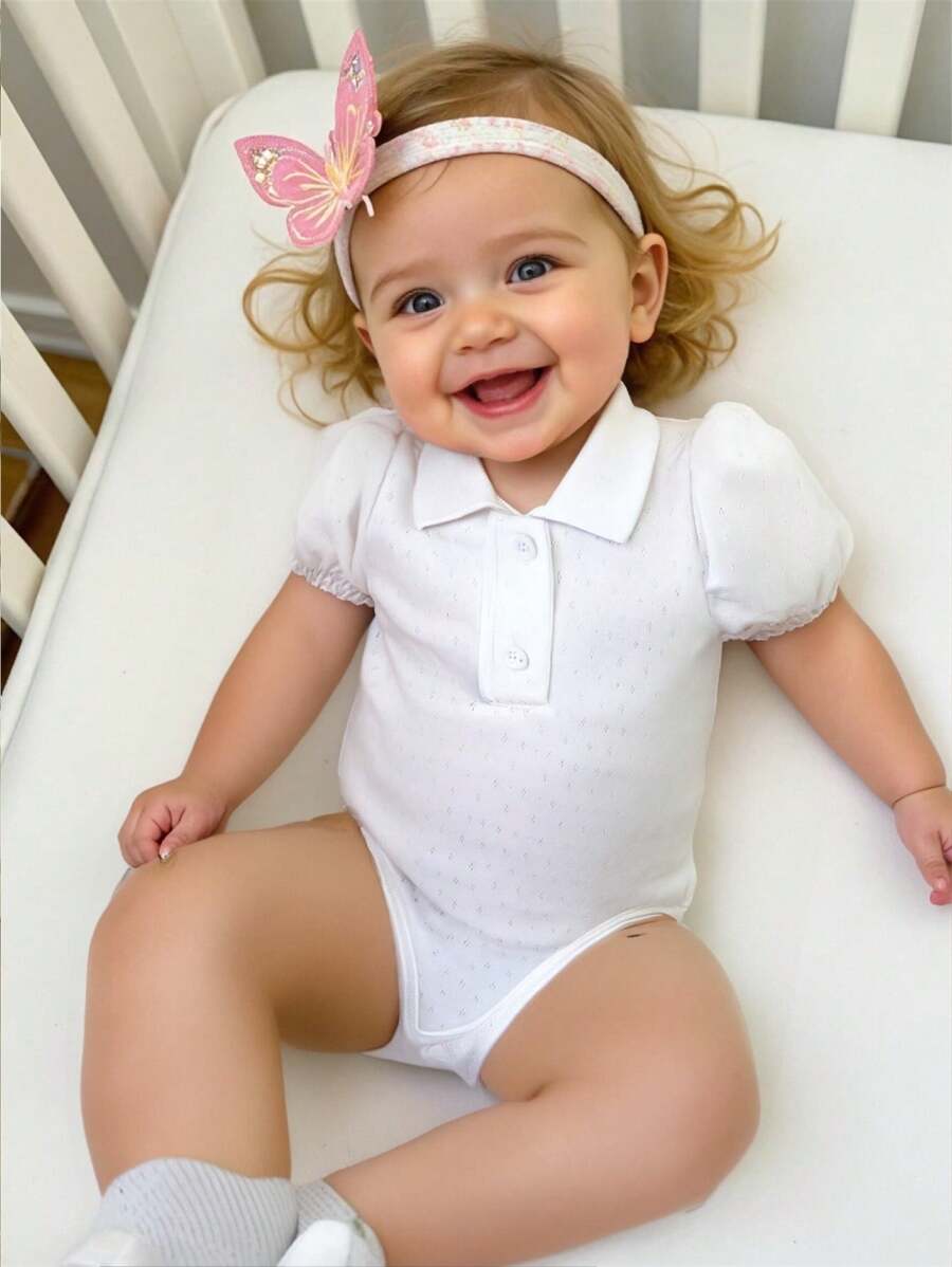 Souflis Souflis Baby Girl Simple Lapel Open Crotch Ruffle Sleeve Bodysuit, Cute & Fresh For Summer - White - View 1