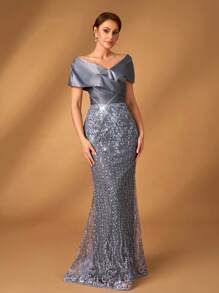 Serin Váy dạ hội đuôi cá xếp ly trễ vai bằng vải satin màu xám sang trọng & thanh lịch, phù hợp cho các sự kiện trang trọng, tiệc tùng, đám cưới, cô dâu/mẹ cô dâu - Xám - Xem 7