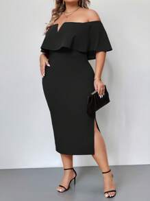 Firerie Talla grande Vestido de hombros descubiertos ribete con fruncido de muslo con abertura