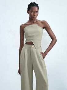 Lumivelle Women's Apricot Casual Strapless Asymmetrical Hem Woven Fabric Top - Apricot - View 6