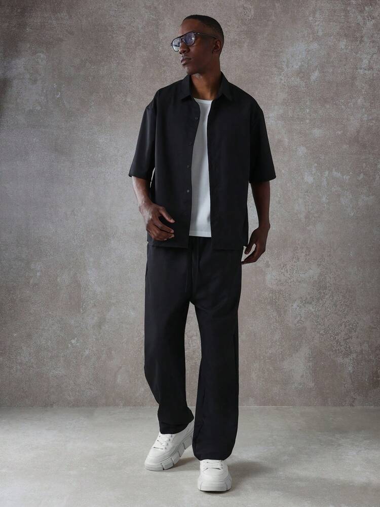 Oversized Button Down Short Sleeve Shirt And Wide Leg Pants Set