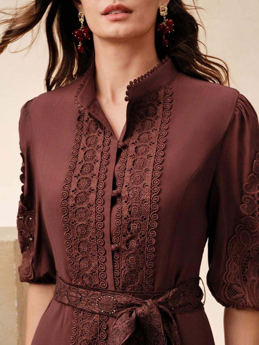 Anewsta Đầm đô thị thanh lịch cổ đứng tay dài buộc eo, thích hợp cho mùa xuân/hè, ngày lễ tình nhân, đêm hẹn hò - Đỏ - Xem 1