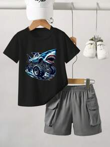 Young Boy Simple Fashion Summer Cargo Shorts And Short Sleeve Outfit Set - White - View 2