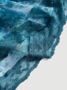 SHEIN MOD 蓝色底边 Bardot 领蕾丝拼布植物印花连衣裙 - 彩色 - 查看 4