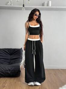 Coolane Conjunto de ropa de primavera/verano para mujer con estilo de calle de moda, parte superior de cami con empalme de colores contrastantes 2 en 1 + pantalones con bloques de color