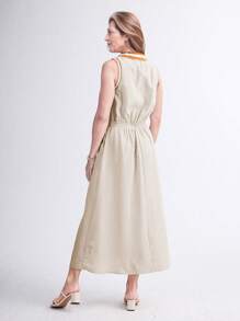 SHEIN LUNE Spring/Summer Casual Solid O-Neck Sleeveless Elasticated Waist Long Dress For Women - Khaki - View 2