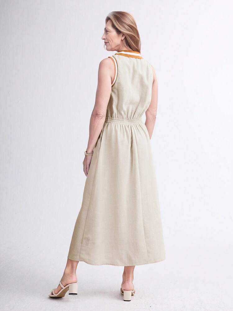 Spring/Summer Casual Solid O-Neck Sleeveless Elasticated Waist Long Dress For Women