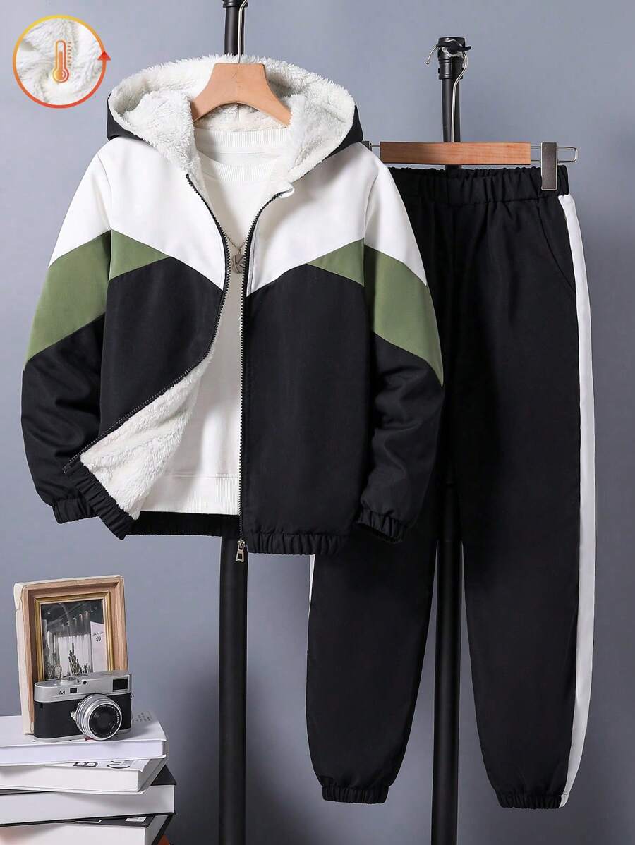 SHEIN 2pcs/Set Tween Boys Sports Hooded Jacket And Elastic Waist Pants Outfit For Casual Wear - Multicolor - View 1