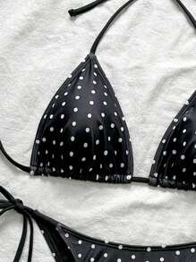 Swim Mod 2026春夏女士波点印花挂脖黑色比基尼套装，侧系带泳裤
