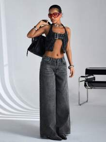 SHEIN Cottnline 100% Cotton WOMEN LOW RISE WIDELEG FIT DARK GREY Y2K STYLE BAGGY JEANS - Grey - View 3