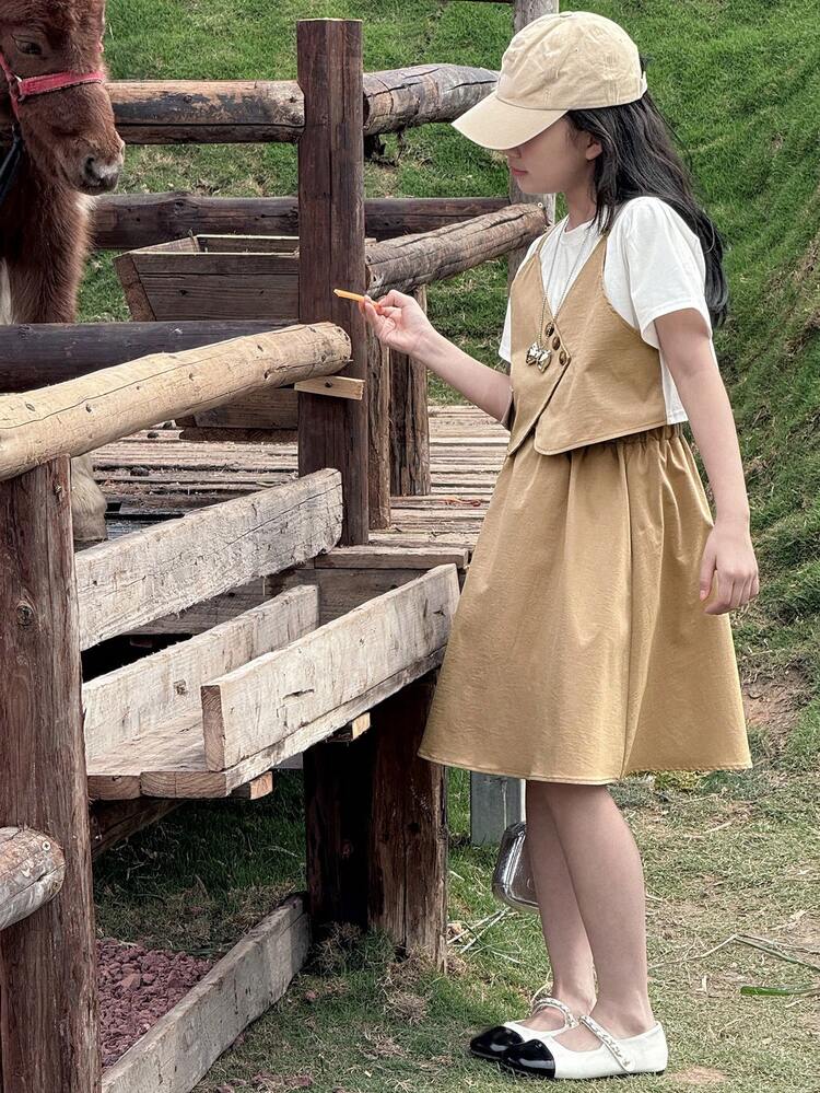 2pcs/Set Tween Girl Girls Colorblock Short Sleeve 2 In 1 Top And Skirt Set For Summer