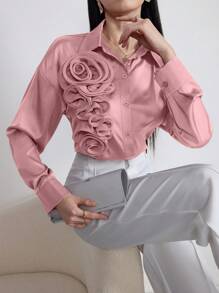 Modelyn 1 件女式纯色贴花长袖单排扣优雅衬衫 - 粉色 - 查看 4