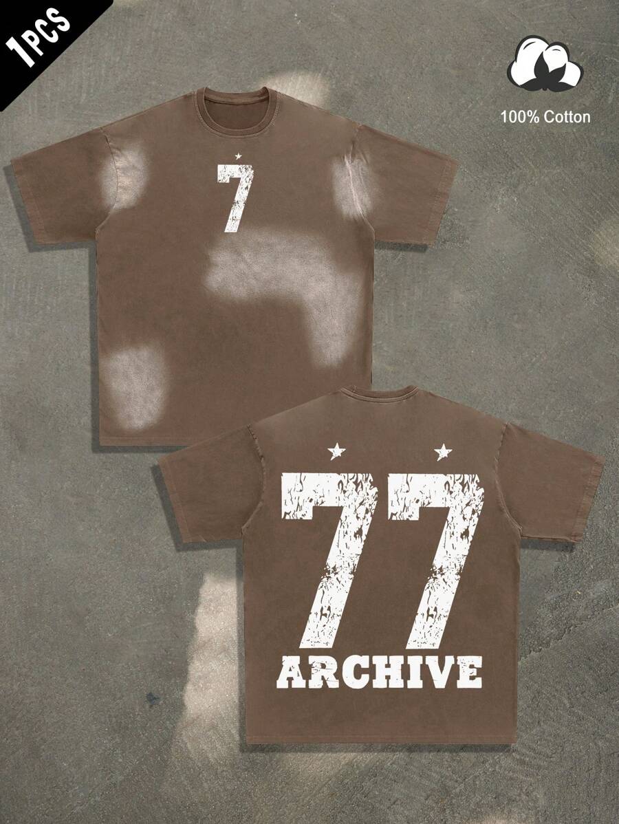 Manfinity EMRG Men's Round Neck Short Sleeve Numeric Print Simple Top, Casual Everyday Wear - Coffee Brown - View 1