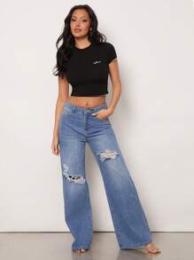 SHEIN Unity Top Sagittarius Embroidered Astrology Star Sign Everyday Casual Streetwear Lettuce Hem Birthday Gift Cotton Thanksgiving Christmas NYE New Years Eve Outfits For Women T Shirt - Black - View 6