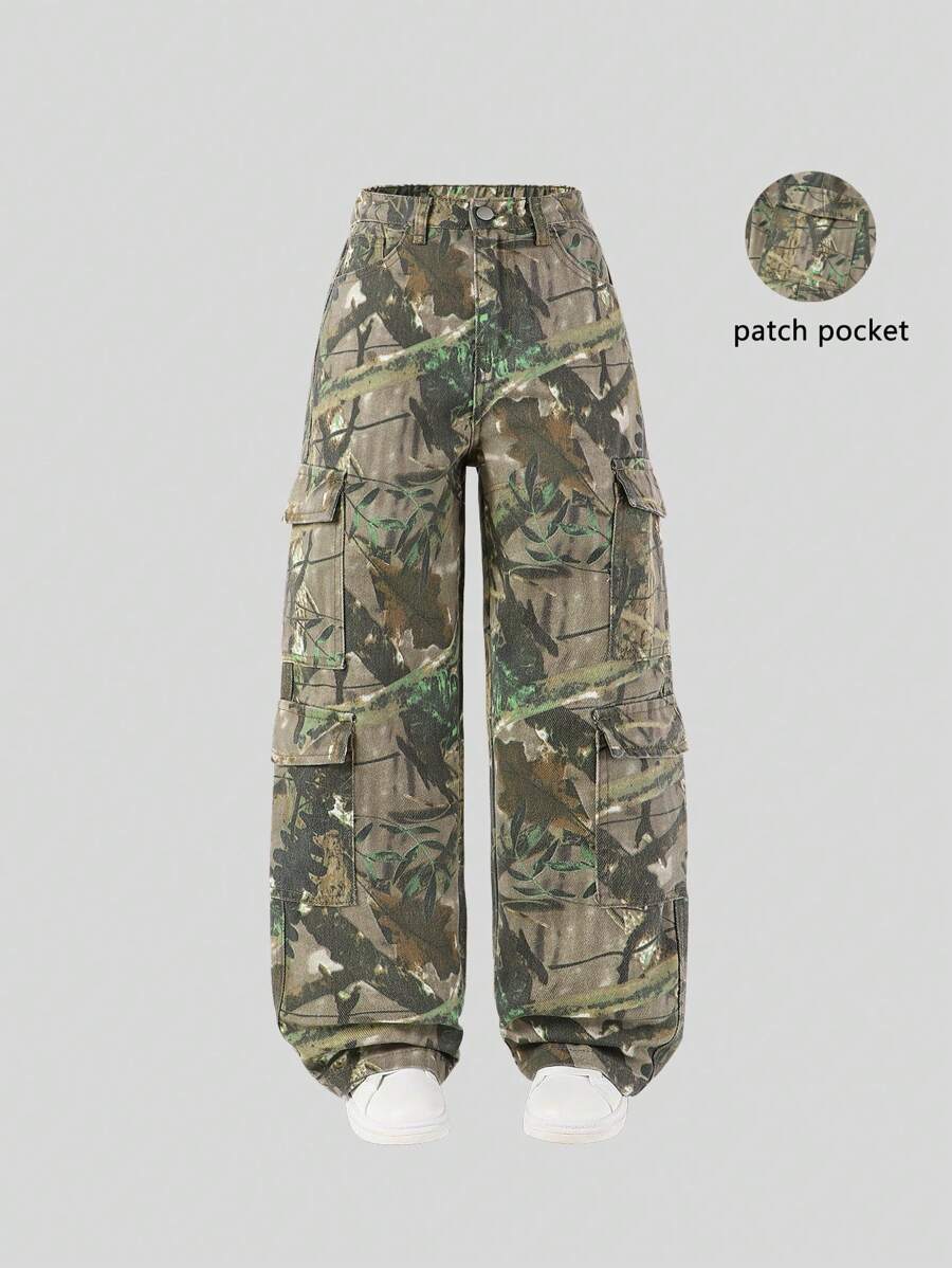 SHEIN Sparklyn Tween Girls Y2K 多口袋街头休闲抽绳腰花卉印花工装牛仔裤 - 彩色 - 查看 1