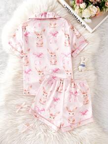 Ensemble de détente en 2 pièces pour préadolescentes, comprenant un Top à manches courtes en faux soie avec imprimé lapin et nœud papillon, et un short. Confortable - Rose bonbon - Voir 2