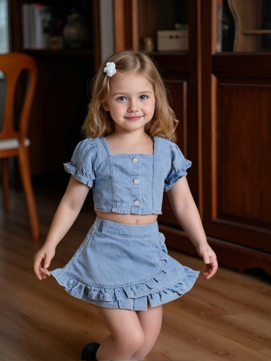 Elladie kids Young Girl' Cute Ruffled Puff Sleeve Elastic Waist Denim Jacket And Shorts 2pcs Set,Holiday,Summer,Travel Summer Holiday - Light Wash - View 1