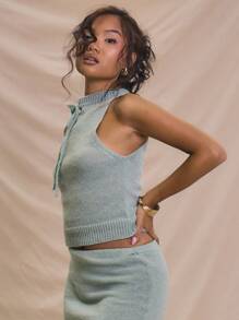 MUSERA Racer Knit Fitted Top Tie Neck Detail Spring Summer Holiday Cute Soft Serve Airport Outfits Comfy Cute - Green - View 2