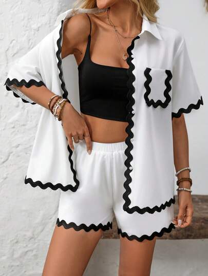 2pcs Set - Men's Button-Down Short Sleeve Top And Elastic Waist Shorts With Ruffle Trim